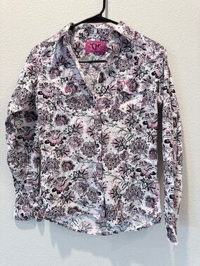 VTG Cowgirl Hardware Western Shirt Girls XL Pink Paisley Pearl Snap Rodeo Cotton